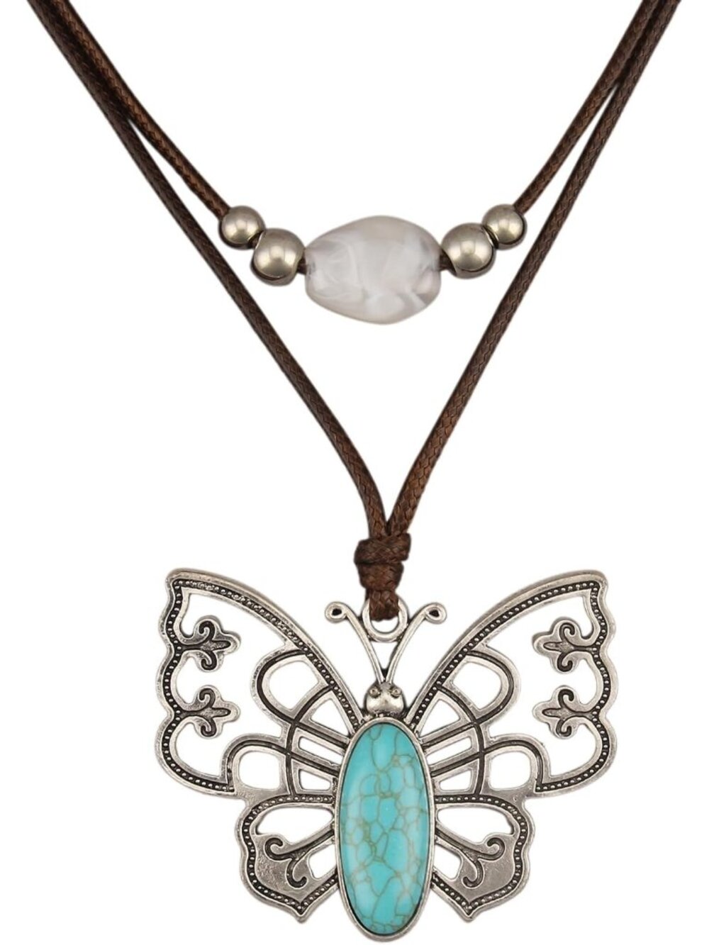 Women's Boho Butterfly Pendant Necklace Turquoise Silver Stone Layered Choker
